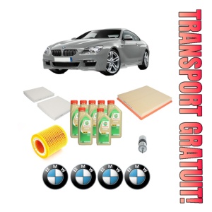 Set Pachet filtre revizie Bosch, 7 litrii ulei Castrol 5W30 BMW Seria 6 Coupe (F13) 640 i xDrive din 2013-2017, 4x Stickere auto cu BMW