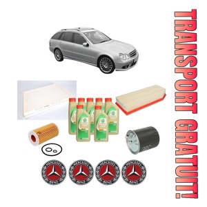 Set Pachet filtre revizie Bosch, 7 litrii ulei Castrol 5W30 MERCEDES-BENZ C-CLASS T-Model (S203) C 220 CDI (203.206, 203.208) din 2001-2007, 4x Stickere auto cu MERCEDES-BENZ