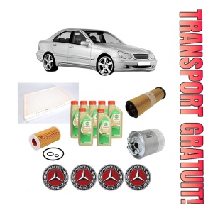 Set Pachet filtre revizie Bosch, 7 litrii ulei Castrol 5W30 MERCEDES-BENZ C-CLASS (W203) C 200 CDI (203.007) din 2003-2007, 4x Stickere auto cu MERCEDES-BENZ