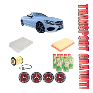 Set Pachet filtre revizie Bosch, 7 litrii ulei Castrol 5W30 MERCEDES-BENZ C-CLASS Convertible (A205) C 200 4-matic (205.443) din 2016-2018, 4x Stickere auto cu MERCEDES-BENZ