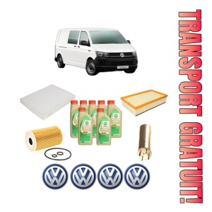 Set Pachet filtre revizie Bosch, 7 litrii ulei Castrol 5W30 Volkswagen TRANSPORTER T6 / CARAVELLE T6 Bus (SGB, SGJ, SHB, SHJ) 2.0 TDI din 2015-2019, 4x Stickere auto cu Volkswagen