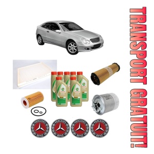 Set Pachet filtre revizie Bosch, 7 litrii ulei Castrol 5W40 MERCEDES-BENZ C-CLASS Coupe (CL203) C 200 CDI (203.707) din 2003-2008, 4x Stickere auto cu MERCEDES-BENZ