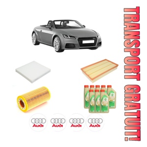 Set Pachet filtre revizie Bosch, 8 litrii ulei Castrol 5W30 AUDI TT Roadster (FV9, FVR) 2.5 RS TFSI quattro din 2016, 4x Stickere auto cu AUDI