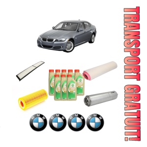 Set Pachet filtre revizie Bosch, 8 litrii ulei Castrol 5W30 BMW Seria 3 (E90) 330 d din 2005-2008, 4x Stickere auto cu BMW