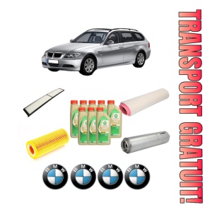 Set Pachet filtre revizie Bosch, 8 litrii ulei Castrol 5W30 BMW Seria 3 Touring (E91) 330 d din 2005-2012, 4x Stickere auto cu BMW