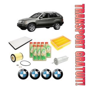 Set Pachet filtre revizie Bosch, 8 litrii ulei Castrol 5W30 BMW Seria X5 (E53) 4.8 is din 2004-2006, 4x Stickere auto cu BMW