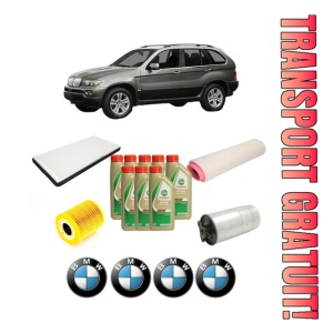 Set Pachet filtre revizie Bosch, 8 litrii ulei Castrol 5W40 BMW Seria X5 (E53) 3.0 d din 2001-2003, 4x Stickere auto cu BMW