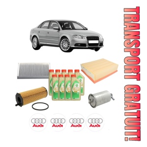 Set Pachet filtre revizie Bosch, 9 litrii ulei Castrol 5W30 AUDI A4 B7 (8EC) 2.7 TDI din 2005-2008, 4x Stickere auto cu AUDI