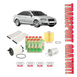 Set Pachet filtre revizie Bosch, 9 litrii ulei Castrol 5W30 AUDI A6 C6 (4F2) 4.2 FSI quattro din 2006-2011, 4x Stickere auto cu AUDI