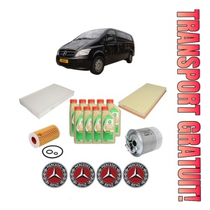 Set Pachet filtre revizie Bosch, 9 litrii ulei Castrol 5W30 MERCEDES-BENZ VITO / MIXTO Van (W639) 109 CDI (639.601, 639.603, 639.605) din 2003, 4x Stickere auto cu MERCEDES-BENZ
