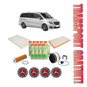 Set Pachet filtre revizie Bosch, 9 litrii ulei Castrol 5W30 MERCEDES-BENZ V-CLASS (W447) V 220 CDI / d (447.811, 447.813, 447.815) din 2019, 4x Stickere auto cu MERCEDES-BENZ
