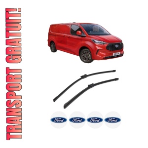Set stergatoare auto FORD TRANSIT CUSTOM V710 Van (NRN) din 2023-2024, pentru parbriz auto, 2 bucati, Bosch Aerotwin, din cauciuc siliconat rezistent, 4 Stickere Auto FORD