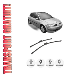 Set stergatoare auto RENAULT MEGANE II Hatchback Van (KM0/2_) din 2003-2009, pentru parbriz auto, 2 bucati, Bosch Aerotwin, din cauciuc siliconat rezistent, 4 Stickere Auto RENAULT