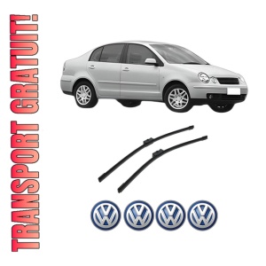 Set stergatoare auto Volkswagen POLO IV Saloon (9A4, 9A2, 9N2, 9A6) din 2002-2012, pentru parbriz auto, 2 bucati, Bosch Aerotwin, din cauciuc siliconat rezistent, 4 Stickere Auto Volkswagen