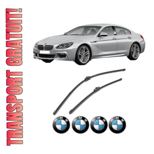 Set stergatoare BMW Seria 6 Gran Coupe (F06) din 2012-2018, pentru parbriz auto, 2 bucati, Valeo Silencio, din cauciuc siliconat rezistent, 4 Stickere Auto BMW Seria