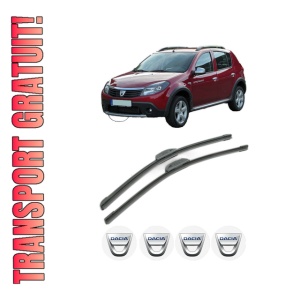 Set stergatoare DACIA SANDERO din 2008-2013, pentru parbriz auto, 2 bucati, Bosch Aerotwin Retrofit, din cauciuc siliconat rezistent, 4 Stickere Auto DACIA