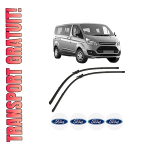 Set stergatoare FORD TOURNEO CUSTOM V362 Bus (F3) din 2012-2023, pentru parbriz auto, 2 bucati, Valeo Silencio, din cauciuc siliconat rezistent, 4 Stickere Auto FORD