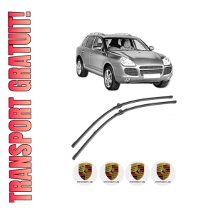 Set stergatoare PORSCHE CAYENNE (9PA) din 2002-2010, pentru parbriz auto, 2 bucati, Valeo Silencio Xtrm, din cauciuc siliconat rezistent, 4 Stickere Auto PORSCHE
