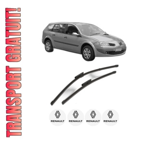 Set stergatoare RENAULT MEGANE II Estate Van (KM_) din 2003-2009, pentru parbriz auto, 2 bucati, Valeo Silencio Xtrm, din cauciuc siliconat rezistent, 4 Stickere Auto RENAULT