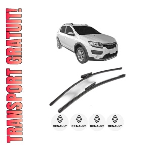 Set stergatoare RENAULT SANDERO/STEPWAY II (B8_) din 2013-2019, pentru parbriz auto, 2 bucati, Valeo Silencio Xtrm, din cauciuc siliconat rezistent, 4 Stickere Auto RENAULT