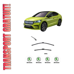 Set stergatoare SKODA ENYAQ iV Coupe (5AC) din 2021-2023, pentru parbriz auto, 2 bucati, Valeo Silencio, din cauciuc siliconat rezistent, 4 Stickere Auto SKODA