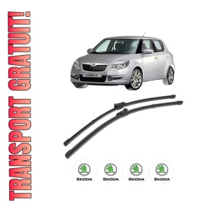 Set stergatoare SKODA FABIA II (542) din 2006-2014, pentru parbriz auto, 2 bucati, Valeo Silencio Xtrm, din cauciuc siliconat rezistent, 4 Stickere Auto SKODA