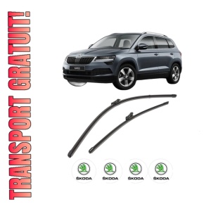 Set stergatoare SKODA KAROQ (NU7, ND7) din 2017-2020, pentru parbriz auto, 2 bucati, Valeo Silencio Xtrm, din cauciuc siliconat rezistent, 4 Stickere Auto SKODA