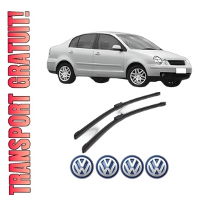 Set stergatoare Volkswagen POLO IV Saloon (9A4, 9A2, 9N2, 9A6) din 2002-2012, pentru parbriz auto, 2 bucati, Bosch Aerotwin, din cauciuc siliconat rezistent, 4 Stickere Auto Volkswagen