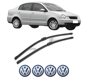 Set stergatoare Volkswagen POLO IV Saloon (9A4, 9A2, 9N2, 9A6) din 2002-2012, pentru parbriz auto, 2 bucati, Valeo Silencio Xtrm, din cauciuc siliconat rezistent, 4 Stickere Auto Volkswagen v40644