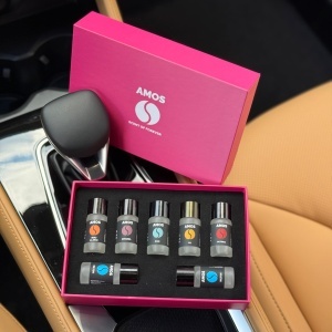 Difuzor parfum auto AMOS Mini Negru, 1 set rezerve parfum 7 arome Pink, odorizant inteligent, arome intense, 3 trepte intensitate - Img 3
