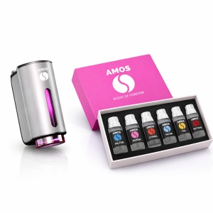 Difuzor parfum auto AMOS Mini Pink, 1 set rezerve parfum 7 arome, odorizant inteligent, arome intense, 3 trepte intensitate