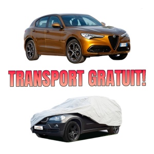 Husa tip prelata auto ALFA ROMEO STELVIO (949_) din 2016-2019, Culoare Gri, material textil impermeabil, rezistanta la intemperii praf UV, CARPASSION Husa Protectie, 4 Stickere auto cu ALFA ROMEO