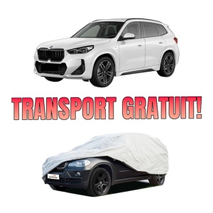 Husa tip prelata auto BMW X1 (U11) din 2022-2023, Culoare Gri, material textil impermeabil, rezistanta la intemperii praf UV, CARPASSION Husa Protectie, 4 Stickere auto cu BMW