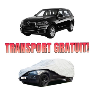 Husa tip prelata auto BMW X5 (F15, F85) din 2013-2018, Culoare Gri, material textil impermeabil, rezistanta la intemperii praf UV, CARPASSION Husa Protectie, 4 Stickere auto cu BMW