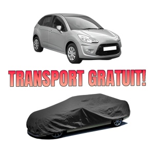 Husa tip prelata auto CITROEN C3 II (SC_) din 2009-2016, Culoare Negru, material textil impermeabil, rezistanta la intemperii praf UV, CARPASSION Husa Protectie, 4 Stickere auto cu CITROEN