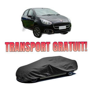 Husa tip prelata auto FIAT PUNTO EVO (199_) din 2008-2014, Culoare Negru, material textil impermeabil, rezistanta la intemperii praf UV, CARPASSION Husa Protectie, 4 Stickere auto cu FIAT