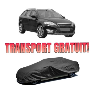 Husa tip prelata auto FORD MONDEO IV (BA7) din 2007-2015, Culoare Negru, material textil impermeabil, rezistanta la intemperii praf UV, CARPASSION Husa Protectie, 4 Stickere auto cu FORD
