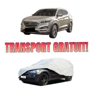 Husa tip prelata auto HYUNDAI TUCSON (TL, TLE) din 2015-2023, Culoare Gri, material textil impermeabil, rezistanta la intemperii praf UV, CARPASSION Husa Protectie, 4 Stickere auto cu HYUNDAI