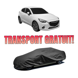 Husa tip prelata auto MAZDA 2 Hatchback (DL, DJ) din 2014-2021, Culoare Negru, material textil impermeabil, rezistanta la intemperii praf UV, CARPASSION Husa Protectie, 4 Stickere auto cu MAZDA