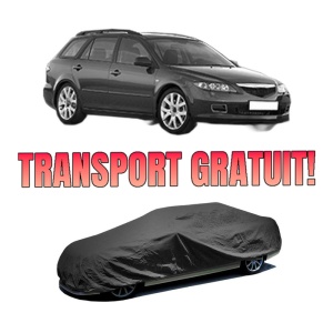Husa tip prelata auto MAZDA 6 Station Wagon (GY) din 2002-2008, Culoare Negru, material textil impermeabil, rezistanta la intemperii praf UV, CARPASSION Husa Protectie, 4 Stickere auto cu MAZDA