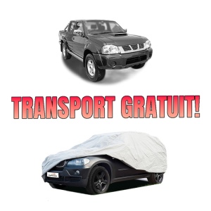 Husa tip prelata auto NISSAN NAVARA (D22) din 2001-2008, Culoare Gri, material textil impermeabil, rezistanta la intemperii praf UV, CARPASSION Husa Protectie, 4 Stickere auto cu NISSAN