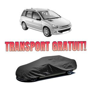 Husa tip prelata auto PEUGEOT 206 SW (2E/K) din 2002-2008, Culoare Negru, material textil impermeabil, rezistanta la intemperii praf UV, CARPASSION Husa Protectie, 4 Stickere auto cu PEUGEOT