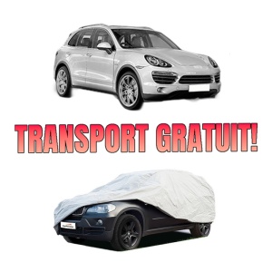 Husa tip prelata auto PORSCHE CAYENNE (92A) din 2010-2018, Culoare Gri, material textil impermeabil, rezistanta la intemperii praf UV, CARPASSION Husa Protectie, 4 Stickere auto cu PORSCHE
