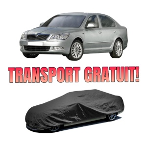 Husa tip prelata auto SKODA Octavia II (1Z3) din 2004-2013, Culoare Negru, material textil impermeabil, rezistanta la intemperii praf UV, CARPASSION Husa Protectie, 4 Stickere auto cu SKODA