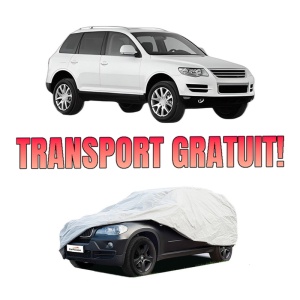 Husa tip prelata auto Volskwagen TOUAREG (7LA, 7L6, 7L7) din 2002-2010, Culoare Gri, material textil impermeabil, rezistanta la intemperii praf UV, CARPASSION Husa Protectie, 4 Stickere auto cu Volskwagen