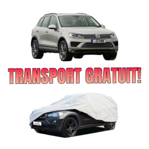 Husa tip prelata auto Volskwagen TOUAREG (7P5, 7P6) din 2010-2018, Culoare Gri, material textil impermeabil, rezistanta la intemperii praf UV, CARPASSION Husa Protectie, 4 Stickere auto cu Volskwagen