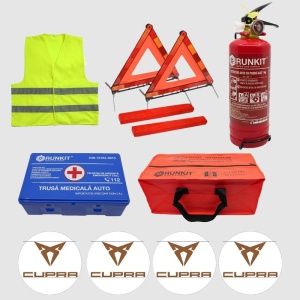 Kit siguranta auto Cri-Flo, Omologat R.A.R, Valabilitate 5 ani, 1x Trusa Prim Ajutor, 2 x Triunghiuri, 1x Stingator tip Spray, 1x Vesta reflectorizanta, Geanta pentru depozitare, 4 Stickere auto cu Cupra - Img 2