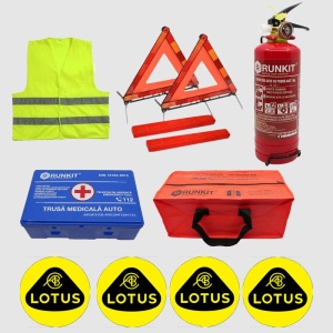 Kit siguranta auto Cri-Flo, Omologat R.A.R, Valabilitate 5 ani, 1x Trusa Prim Ajutor, 2 x Triunghiuri, 1x Stingator tip Spray, 1x Vesta reflectorizanta, Geanta pentru depozitare, 4 Stickere auto cu Lotus - Img 2