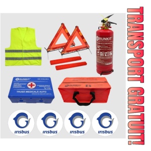 Kit siguranta auto Cri-Flo, Omologat R.A.R, Valabilitate 5 ani, 1x Trusa Prim Ajutor, 2 x Triunghiuri, 1x Stingator tip Spray, 1x Vesta reflectorizanta, Geanta pentru depozitare, 4 Stickere auto cu Irisbus