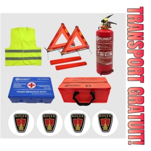 Kit siguranta auto Cri-Flo, Omologat R.A.R, Valabilitate 5 ani, 1x Trusa Prim Ajutor, 2 x Triunghiuri, 1x Stingator tip Spray, 1x Vesta reflectorizanta, Geanta pentru depozitare, 4 Stickere auto cu Rover
